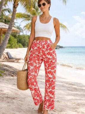 Women's Red Floral Wide-Leg Summer Pants